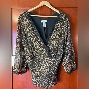 Nine West Animal Print V-Neck Silk Blouse With Lace Trim
20W